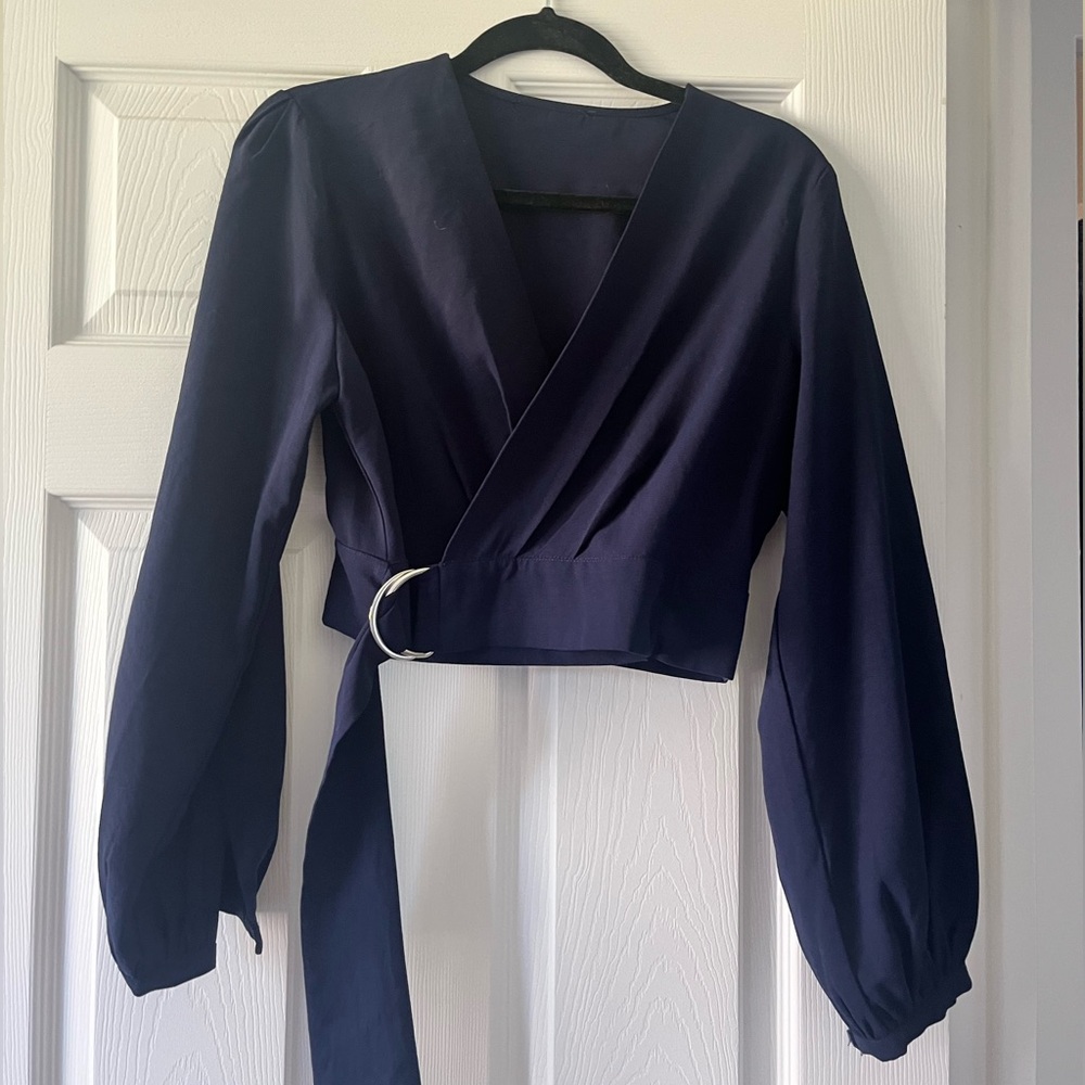 Navy Wrap Crop Top with D-Ring Tie
